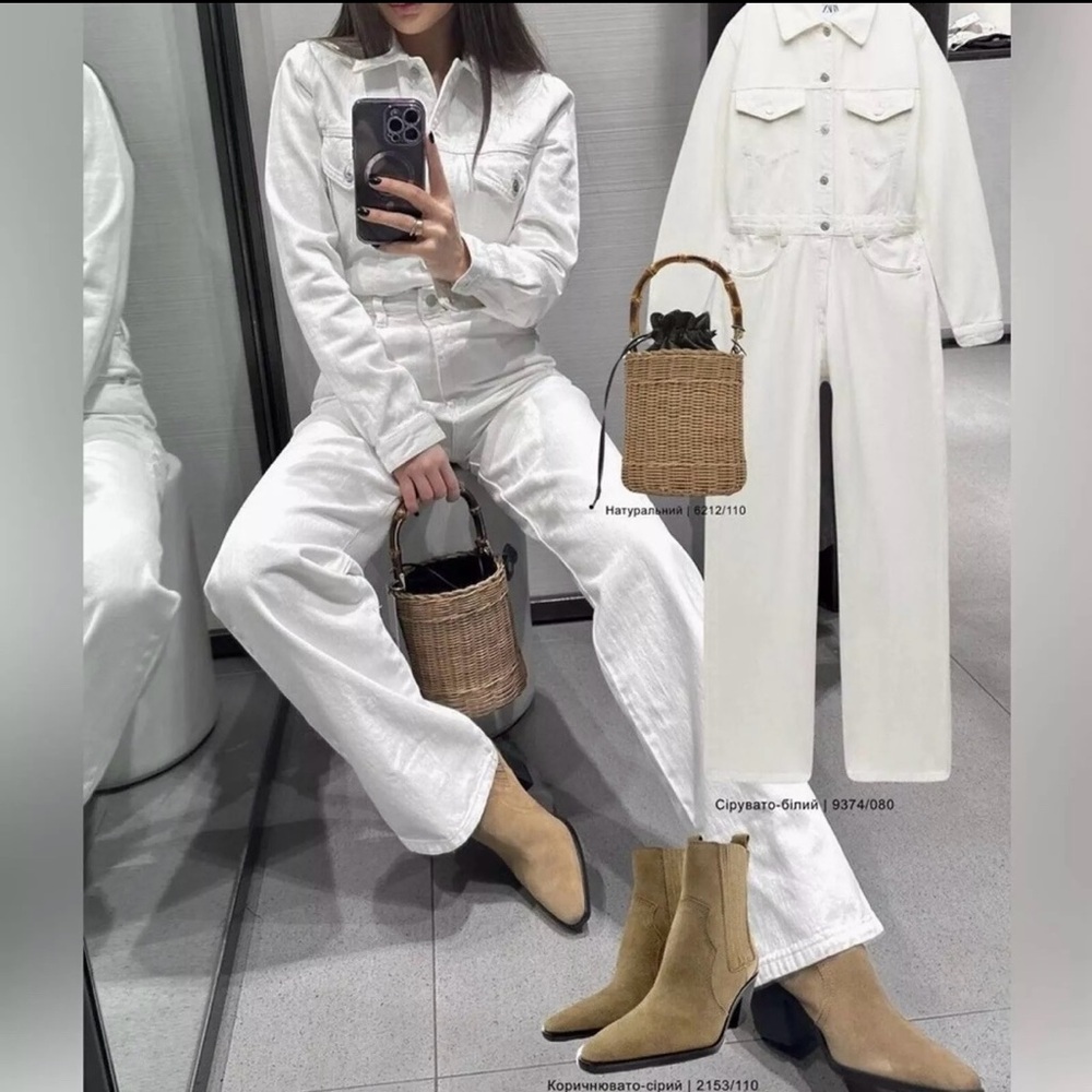 New Zara White Denim Women’s wide leg Jumpsuit Sz.L